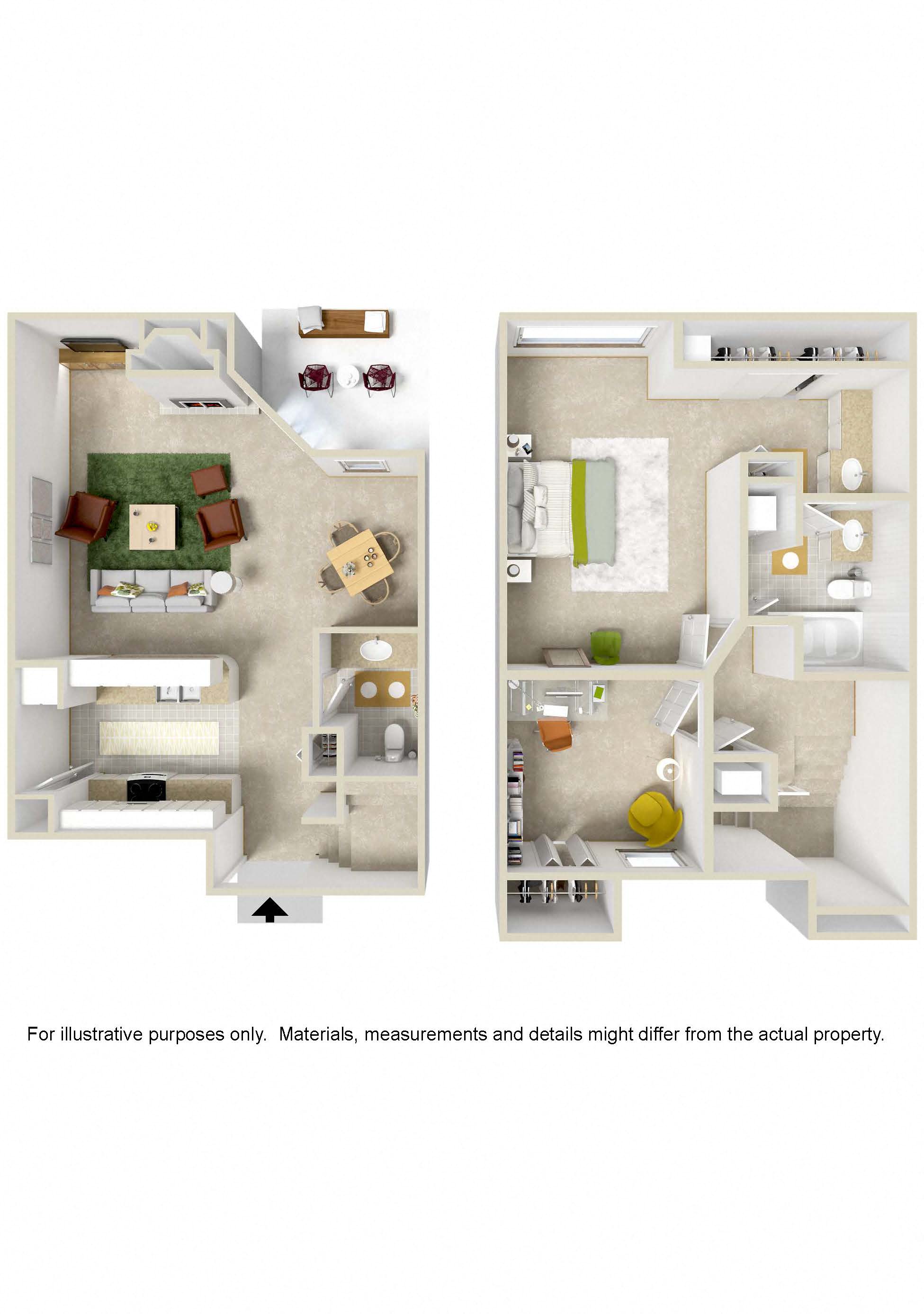 Floor plan for 2 beds, 1.5 baths, 1045 sqft